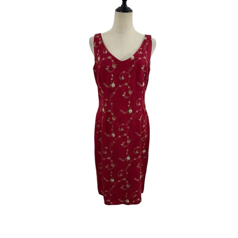 Vtg 90s Maggie London‎ Linen Blend Red Dress Sheath Embroidered Floral Sz 8 Y2K